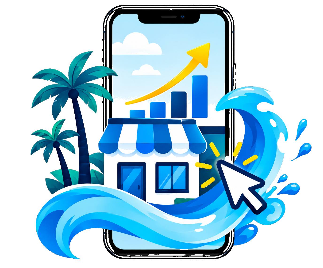 A mobile website for a San Diego storefront, illustrated with palm trees, an ocean wave, and a rising growth chart